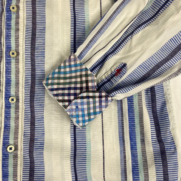 Robert Graham Shirt Mens L Blue White Stripe Contrast Trim Flip Cuff Button Up - Picture 7 of 14